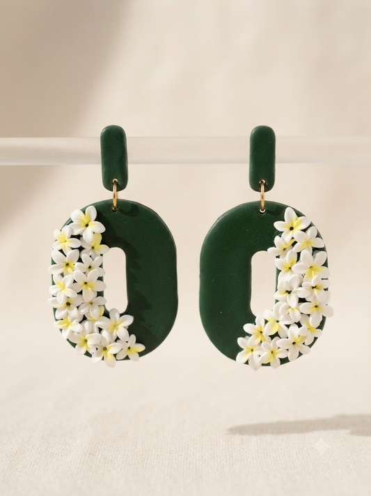 Handmade Polymer Clay Earrings | Tropical Frangipani Statement Dangles | Floral Earrings | Botanical Gift for Her