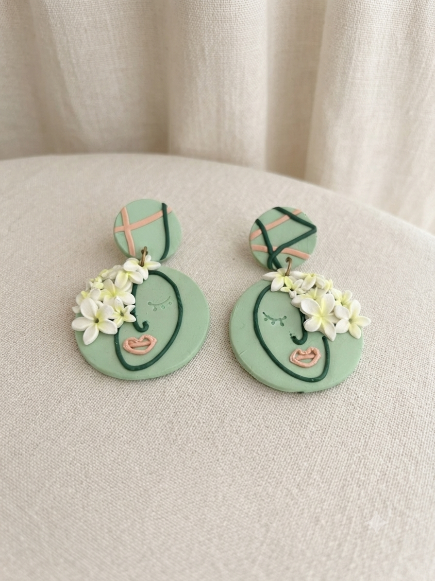 Handmade Polymer Clay Earrings | Floral Face | Mint Green Statement Dangle Earrings | Botanical Wearable Art | Lightweight Gift for Her