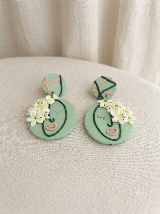 Handmade Polymer Clay Earrings | Floral Face | Mint Green Statement Dangle Earrings | Botanical Wearable Art | Lightweight Gift for Her