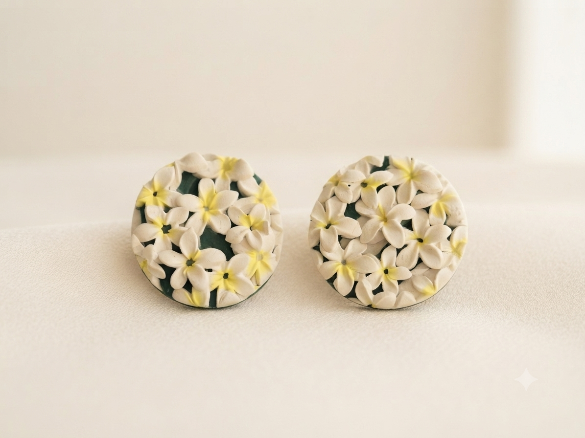 Handmade Polymer Clay Earrings | Frangipani Stud Earrings | Floral Earrings | Tropical Flower Jewellery | Botanical Earrings | Gift for Her