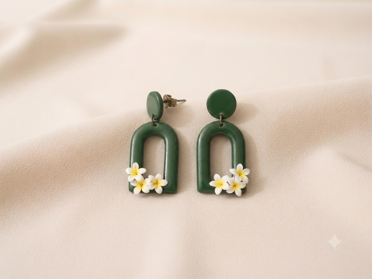 Handmade Polymer Clay Earrings | Dark Green Frangipani Statement Earrings | Floral Dangles | Tropical Botanical Jewellery | Gift for Her