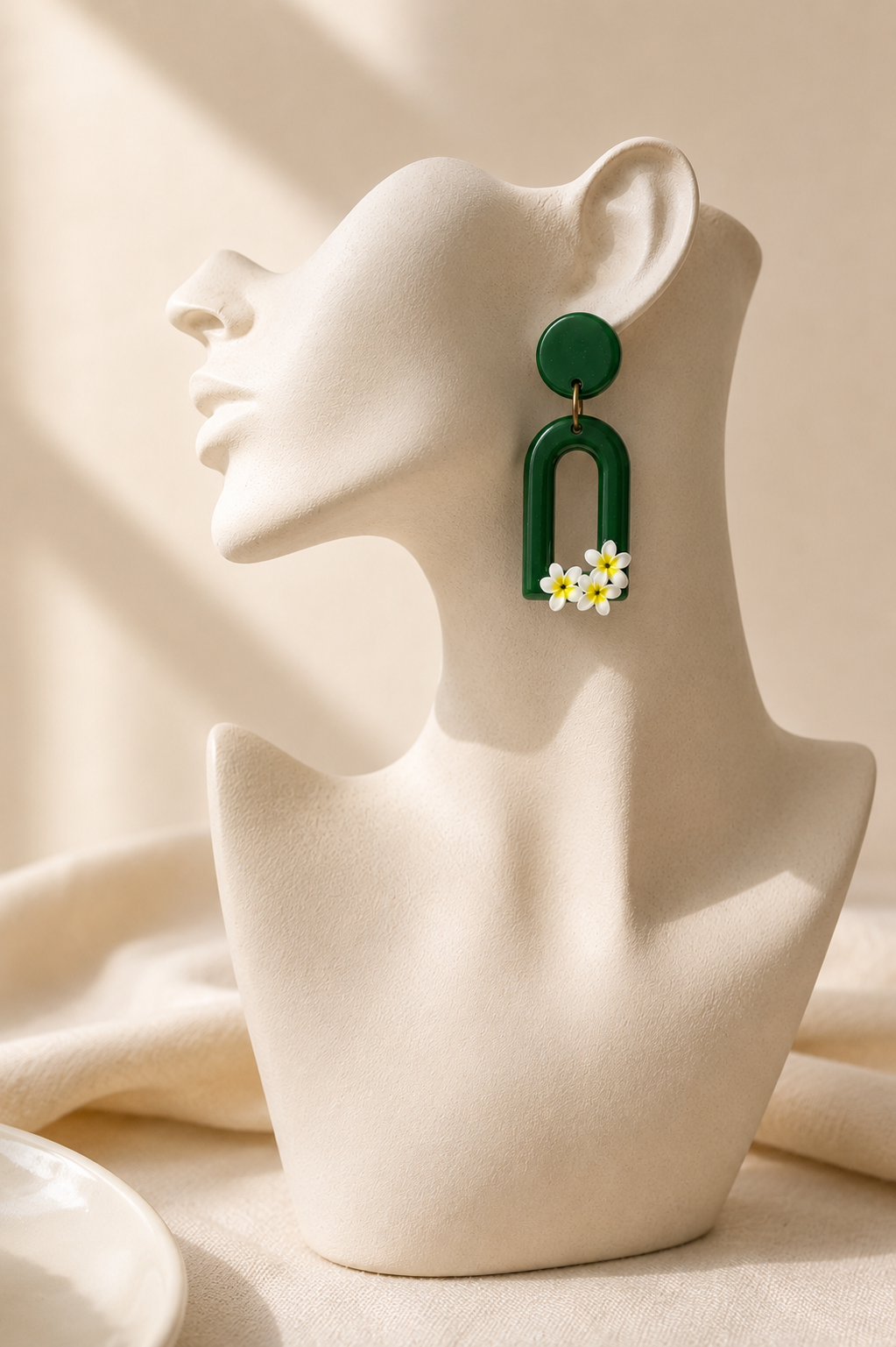 Handmade Polymer Clay Earrings | Dark Green Frangipani Statement Earrings | Floral Dangles | Tropical Botanical Jewellery | Gift for Her