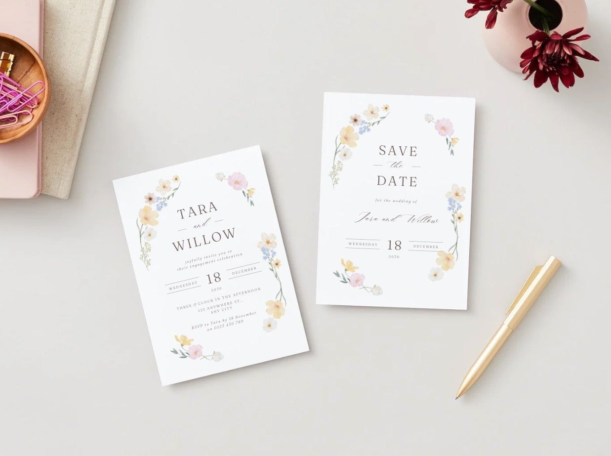 Wedding Invitation Package - Tara + Willow | Editable Wedding Templates | Engagement, Save the Date, RSVP, Menu, Timeline