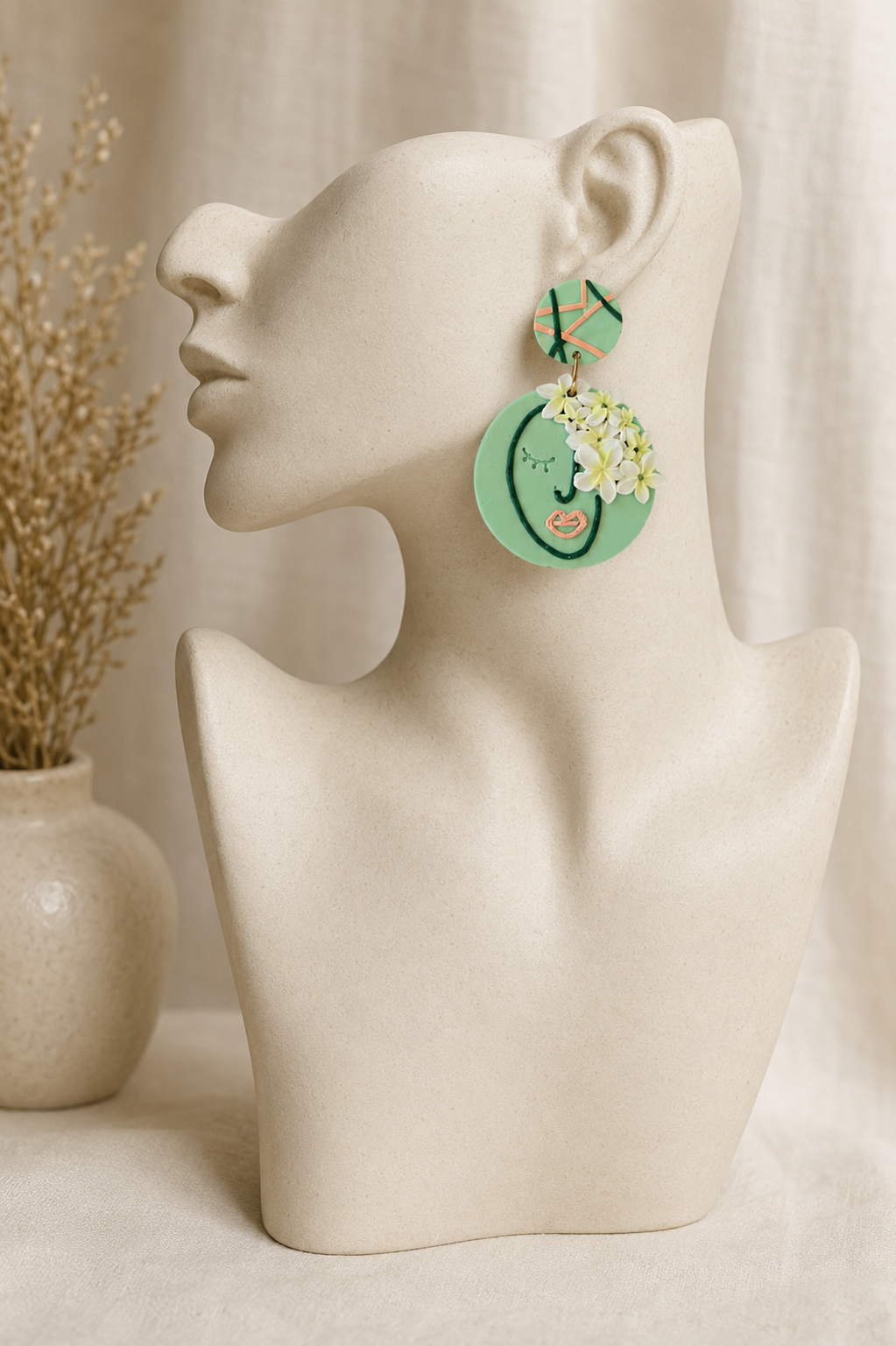 Handmade Polymer Clay Earrings | Floral Face | Mint Green Statement Dangle Earrings | Botanical Wearable Art | Lightweight Gift for Her
